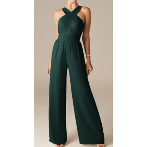 AW BRIDAL 18 2X plus Dark Emerald Green chiffon wide leg jumpsuit NEW B167 - Picture 1 of 10